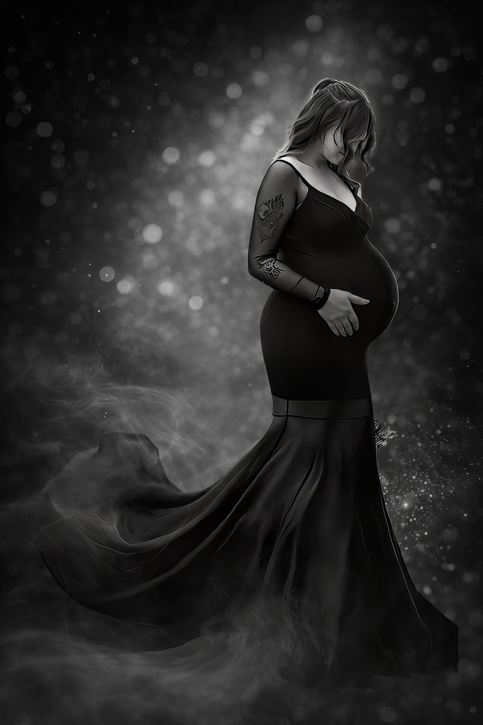 Pregnant person in a black gown, cradling belly. Dark, ethereal background with bokeh.