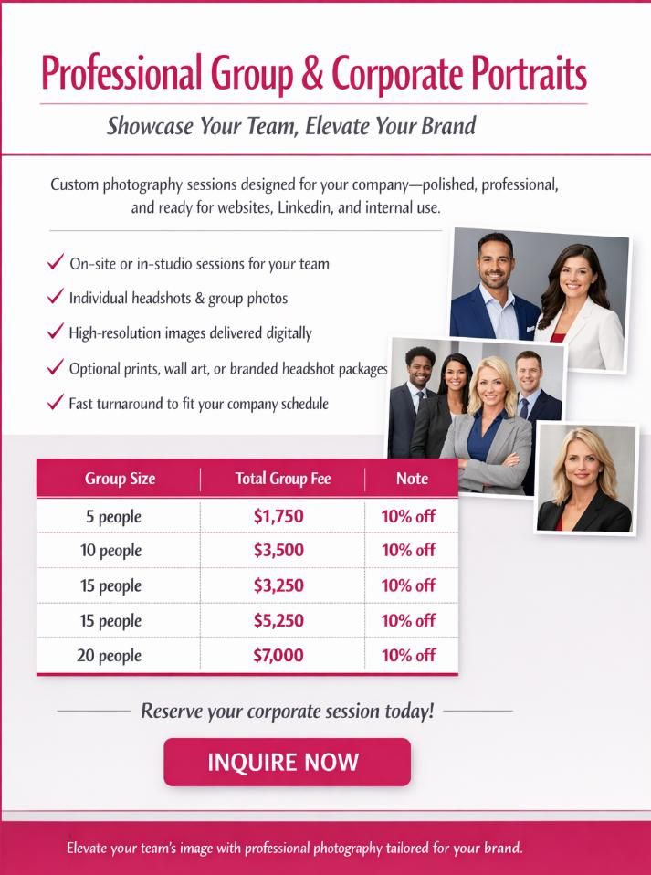 Advertisement for corporate portraits: price chart, photos of professionals, pink and white design.