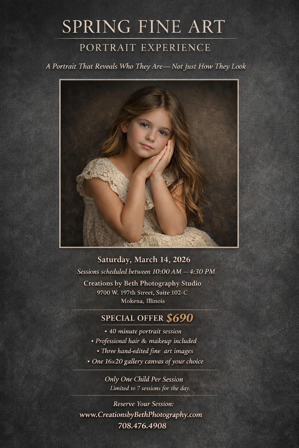 Girl resting hands on cheeks, Spring Fine Art portrait experience advertisement. Text on dark background.