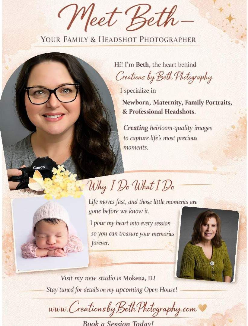 Promotional flyer for photographer Beth. It features her photo, specialties, and a newborn photo. Website included.