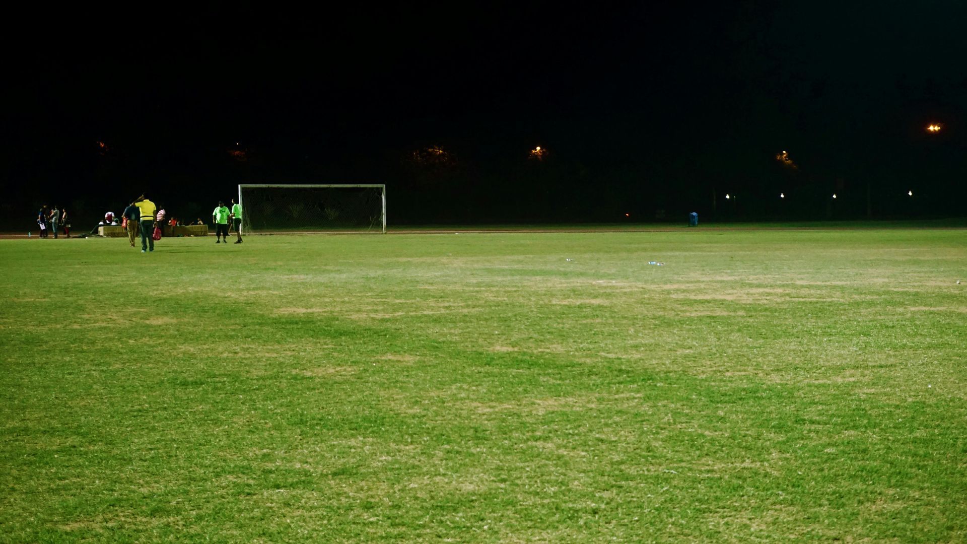 Soccer field at night; players, goal, green grass under dark sky illuminated by lights.