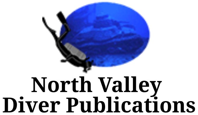 Scuba diver silhouette over blue underwater scene, logo for North Valley Diver Publications.