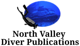 Scuba diver silhouette over blue underwater scene, logo for North Valley Diver Publications.
