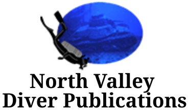 Scuba diver silhouette over blue underwater scene, logo for North Valley Diver Publications.