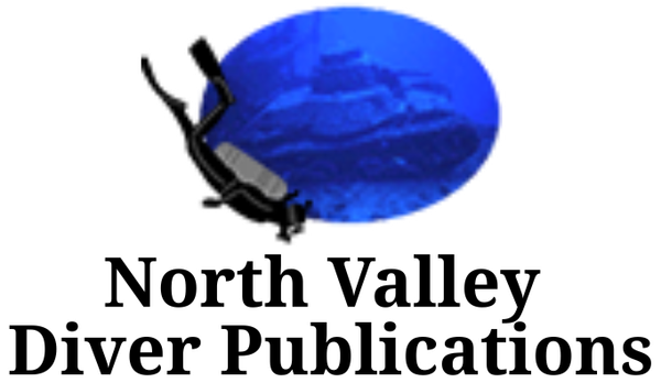 Scuba diver silhouette over blue underwater scene, logo for North Valley Diver Publications.