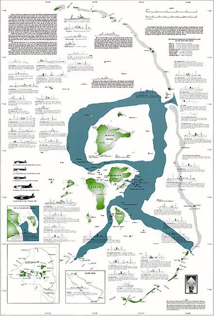 Map of a chain of islands with detailed annotations and illustrations.