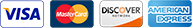 Logos for Visa, Mastercard, Discover, and American Express credit cards.