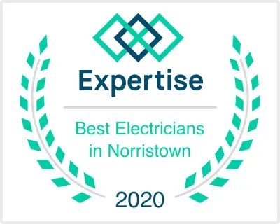 Expertise badge: "Best Electricians in Norristown" award, green and dark blue, 2020.