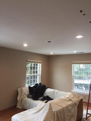 Living room with tan walls, white ceiling, two windows, and covered sofa.