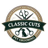 Logo for Classic Cuts Pet Grooming: Scissors, dog silhouette, and text in a circular design.