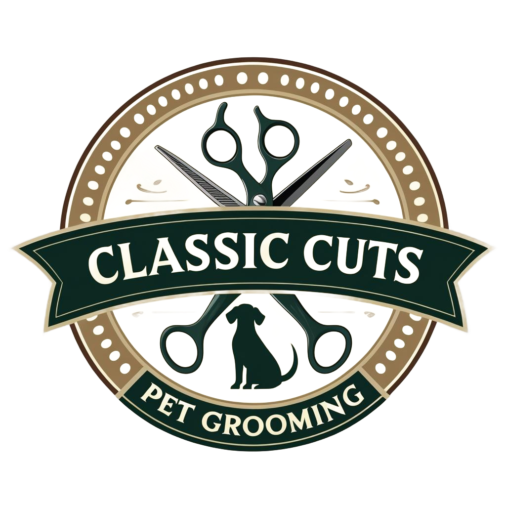 Logo for Classic Cuts Pet Grooming: Scissors, dog silhouette, and text in a circular design.