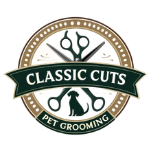 Logo for Classic Cuts Pet Grooming: Scissors, dog silhouette, and text in a circular design.