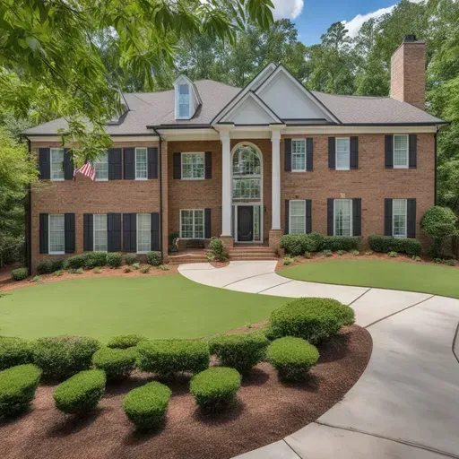 A large brick house with black shutters and a lush green lawn.