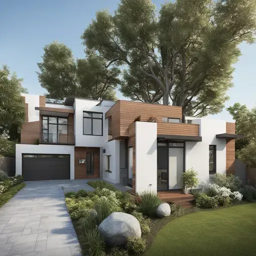 An artist 's impression of a modern house with trees in the background