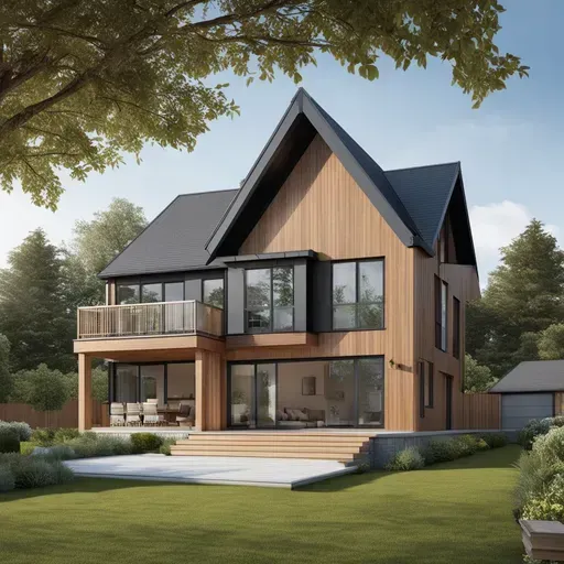 An artist 's impression of a wooden house with a black roof