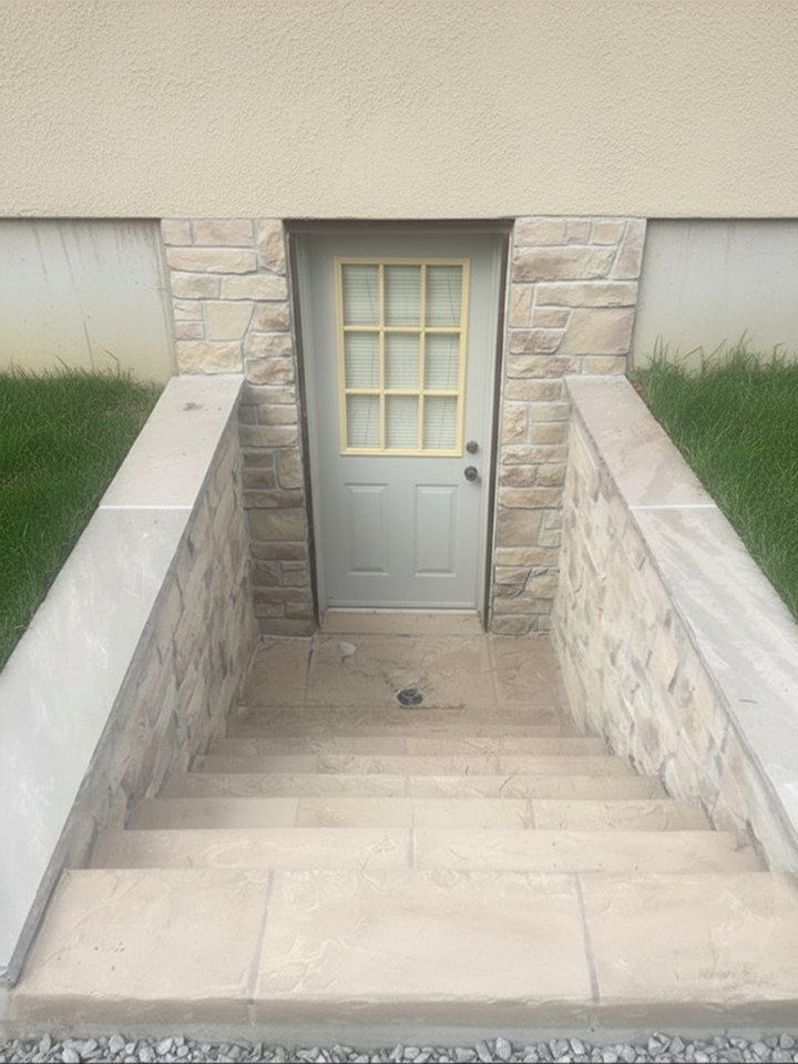 basement private entrance door and concrete stairwell