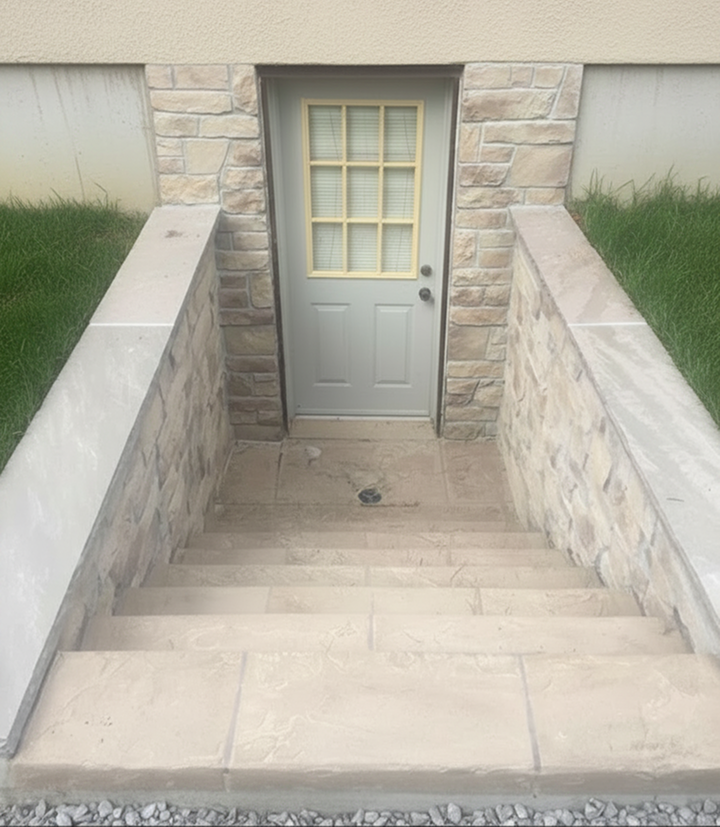 basement double french door entrance and concrete stairwell