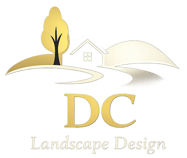 Golden landscape design logo featuring a house, tree, pathway, and initials "DC."