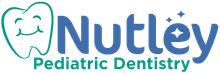 The logo for nutley pediatric dentistry has a tooth with a smile on it.