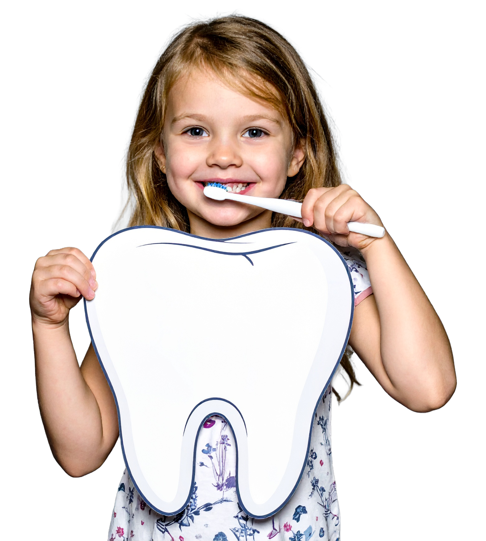 A little girl is brushing her teeth with a paper tooth.