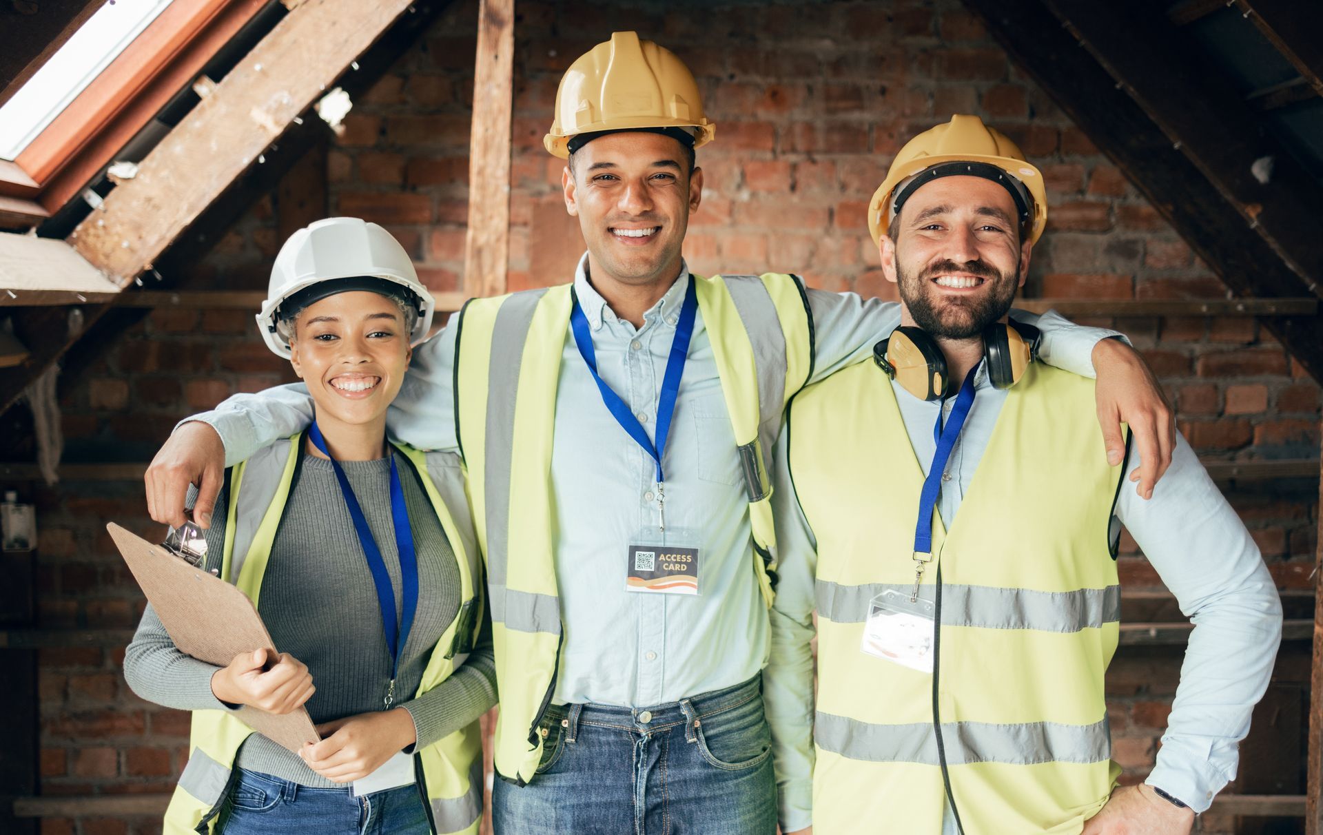 Three construction workers in hard hats and vests smiling in an attic setting.