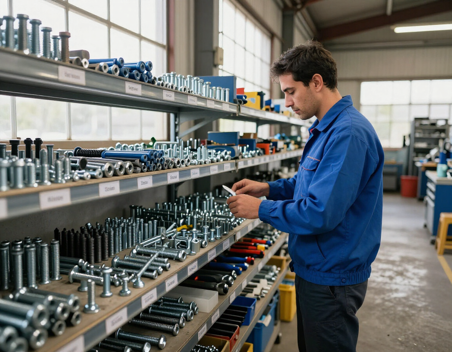Trabajador con camisa azul organizando piezas metálicas en los estantes del almacén.