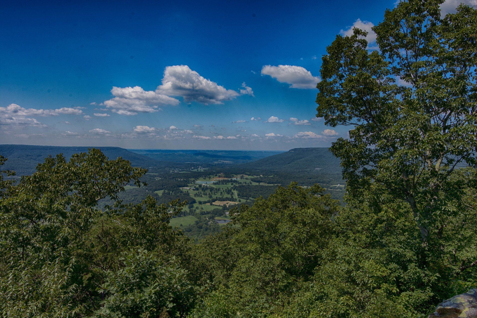 A view of a valley from the top of a mountain surrounded by trees.