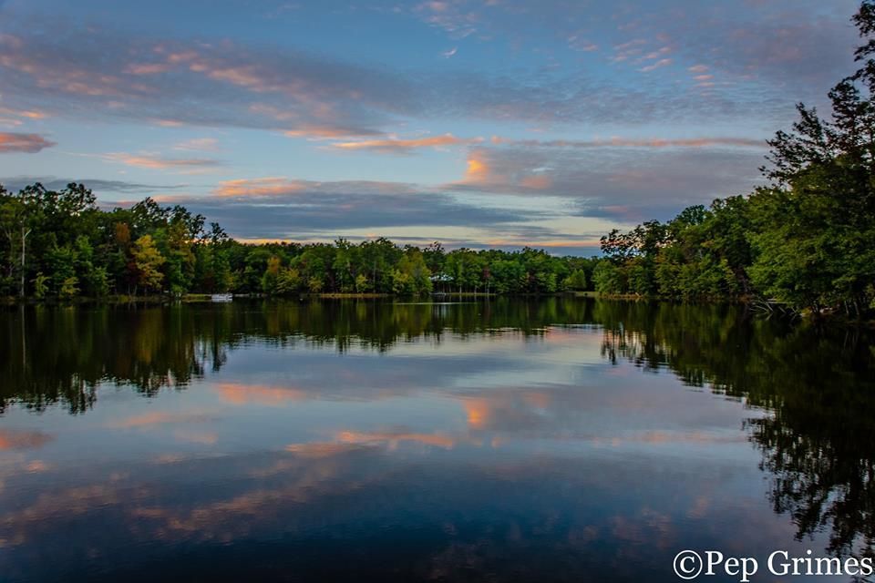 A lake with trees on the shore and a cloudy sky reflected in the water.