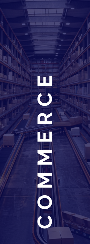 A warehouse filled with lots of boxes and the word commerce on the bottom.