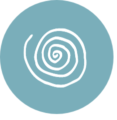 Espiral blanca sobre un círculo azul verdoso.