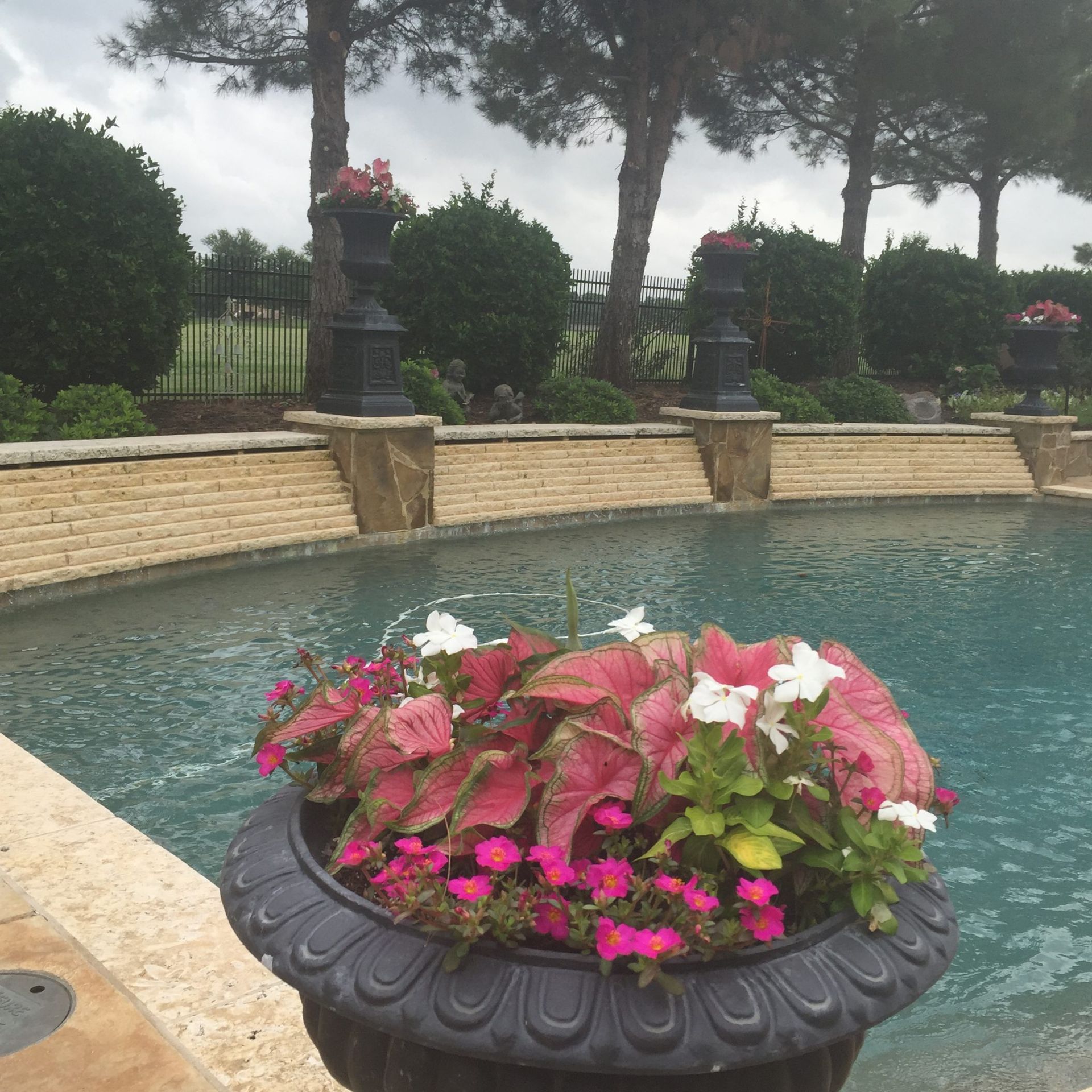 Poolside planter filled with red and white flowers. In the background, a wall and trees.