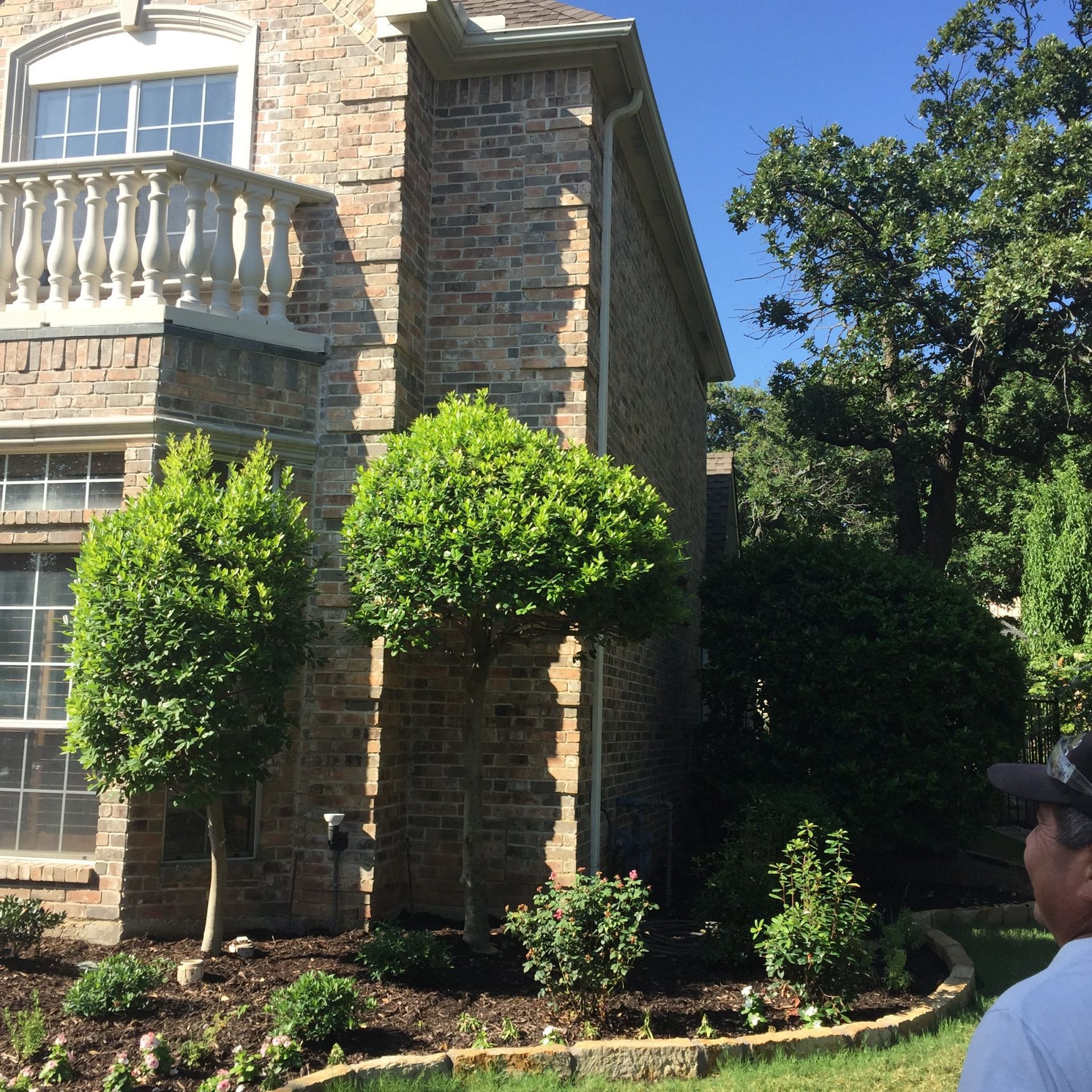 Brick house with trimmed trees and landscaping, sunny day, man in hat.