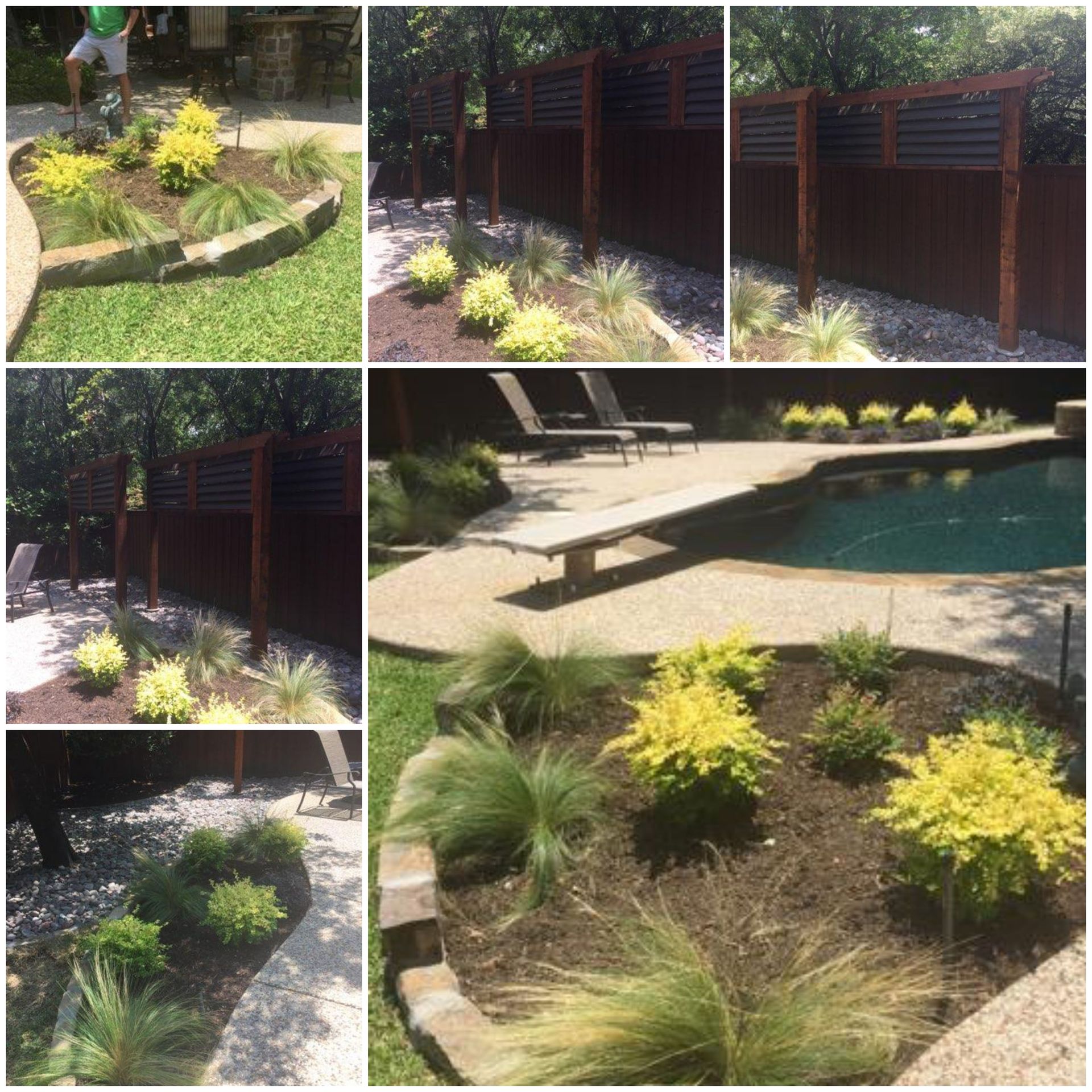Landscaped yard with a pool, plants, and a dark brown fence.