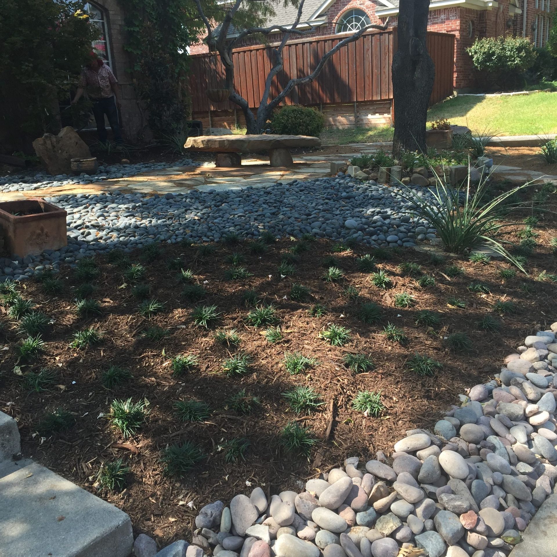 Landscaped yard with rocks, plants, and a stone bench.
