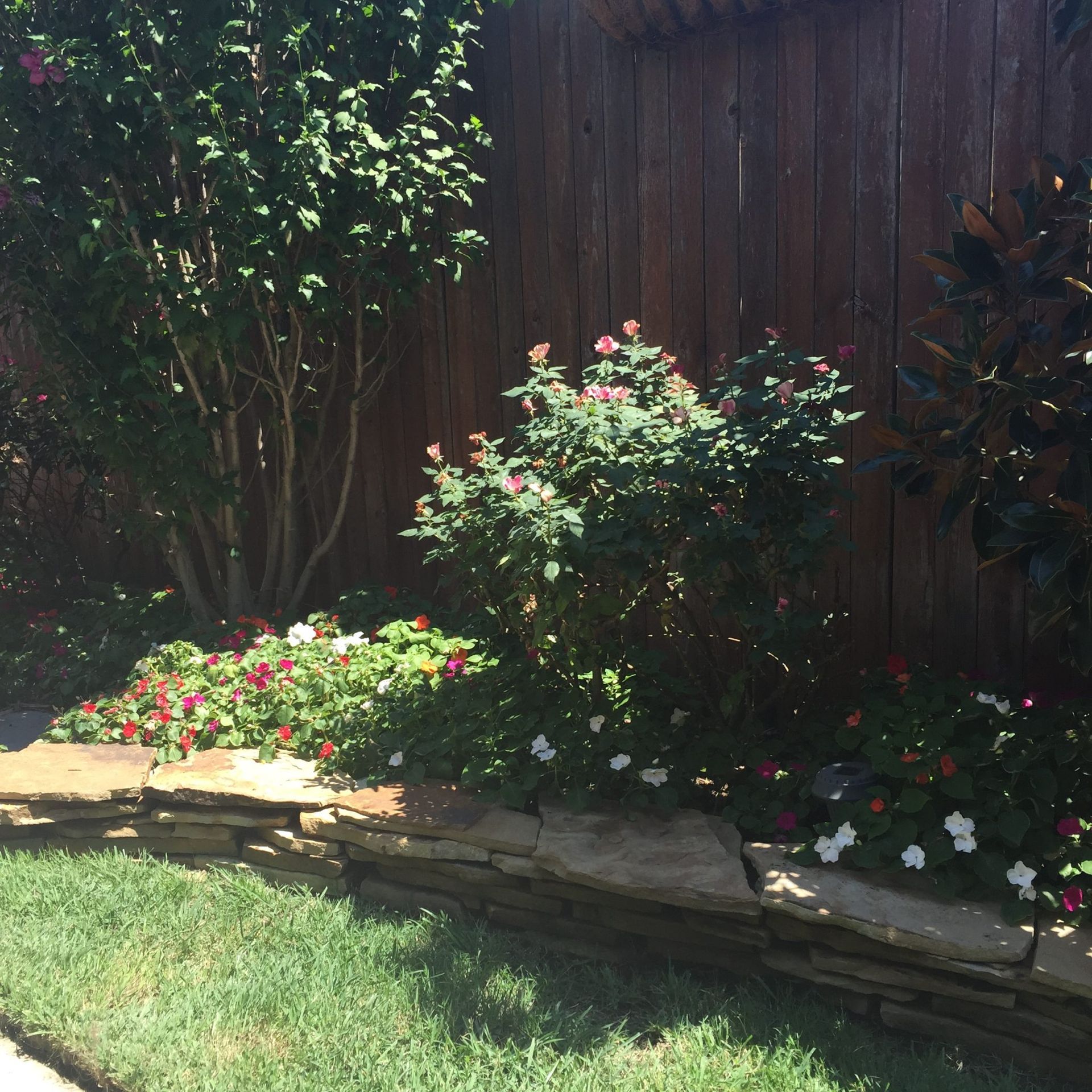 Stone-edged flowerbed with red and white flowers, lush greenery, and wooden fence.