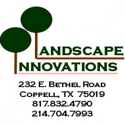 Logo for Landscape Innovations, a landscaping company in Coppell, TX, with trees and contact information.
