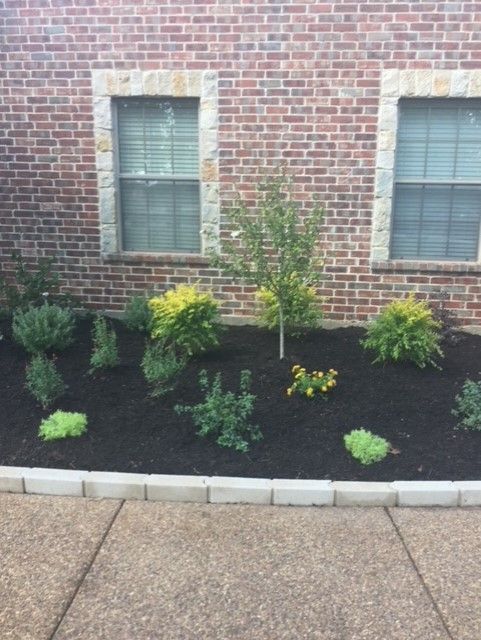 Brick building with a planted garden bed of dark mulch and green plants, edged with stone blocks.