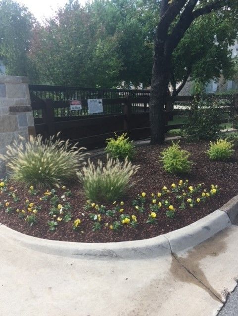 A landscaped area with flowering plants and ornamental grasses near a gate and curb.