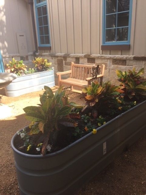 Metal planters with colorful plants, a wooden bench, and a building with blue-framed windows.