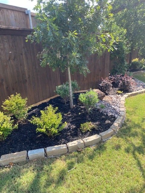 A landscaped garden bed with a tree, shrubs, dark mulch, and stone edging next to a wooden fence.