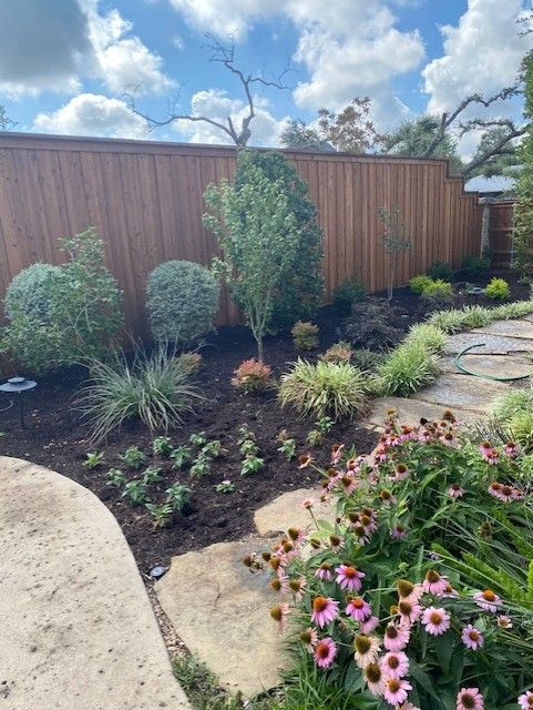Garden with pathway and wooden fence, featuring diverse plants and pink flowers.