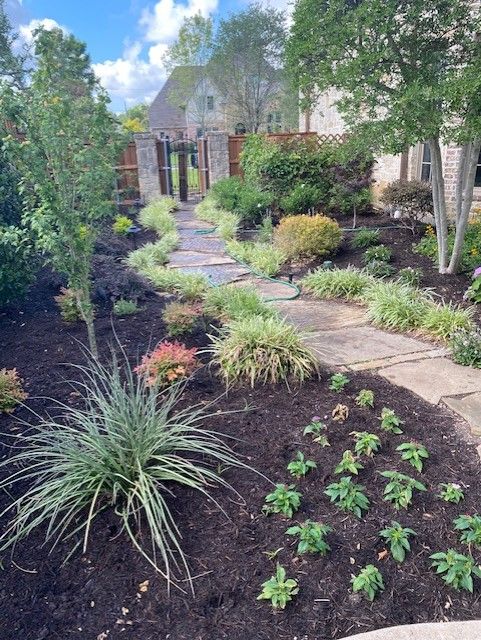 Stone pathway through a garden with fresh mulch, various plants, and a gate in the background.
