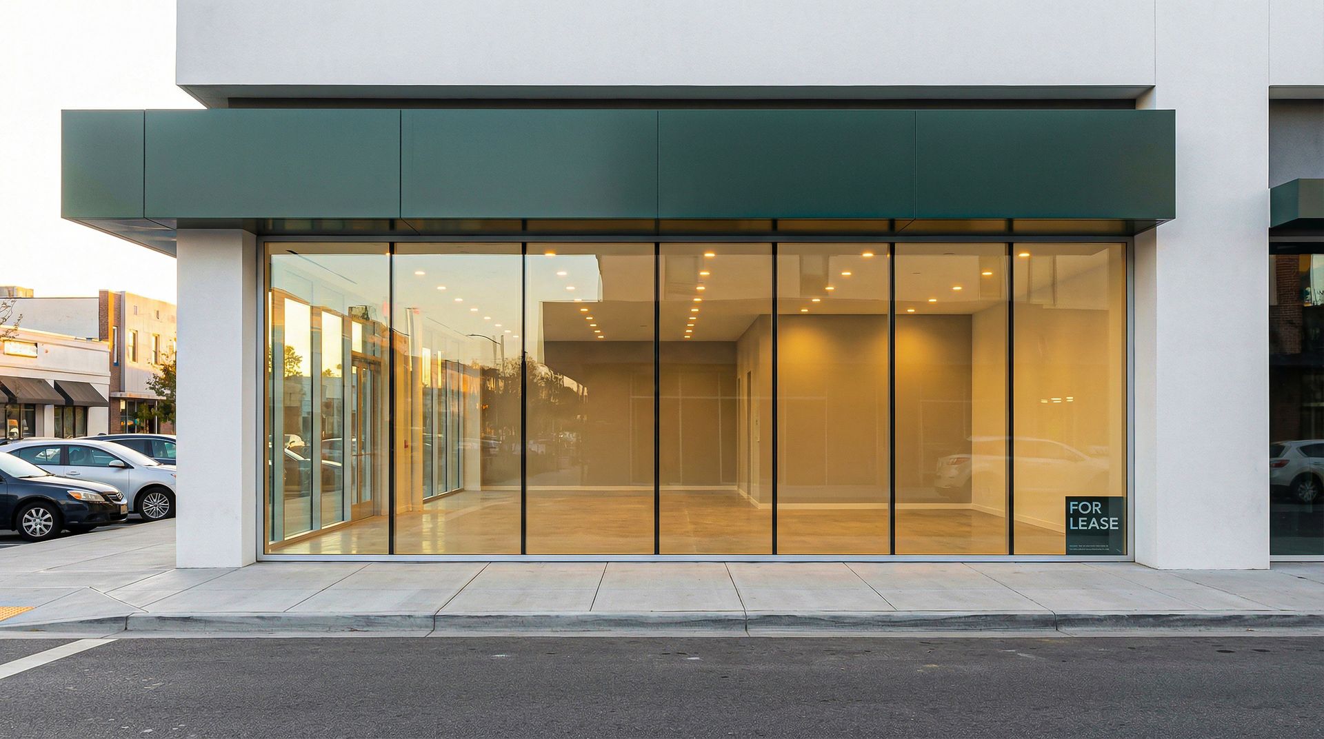 Empty storefront with large glass windows and dark green awning on a city street.