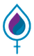 Blue water droplet logo with a purple and blue inner swirl over a female symbol.