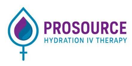 Logo: teardrop with purple/blue swirls, "Prosource Hydration IV Therapy" text, and a medical symbol.
