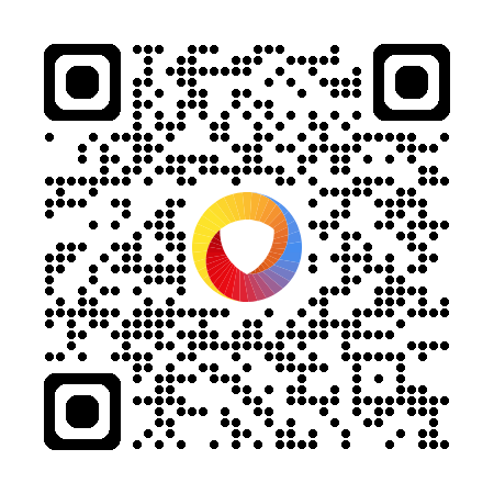 QR code with a central logo of a colorful, swirling emblem, likely for digital access or information retrieval.