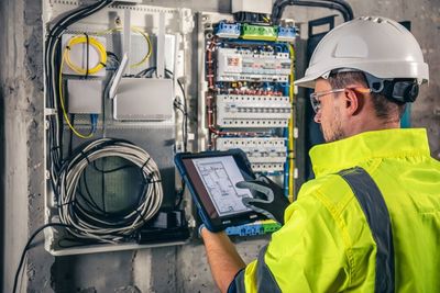 An electrician is looking at a tablet in front of an electrical box.