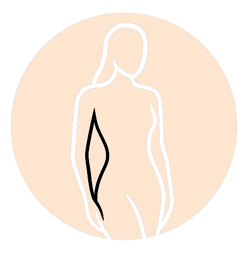 Silhouette einer Frau mit langen Haaren, abgewandt, in einem pfirsichfarbenen Kreis.