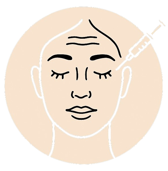 Frau mit geschlossenen Augen erhält eine Gesichtsinjektion; Linien zeigen mögliche Injektionsstellen an.