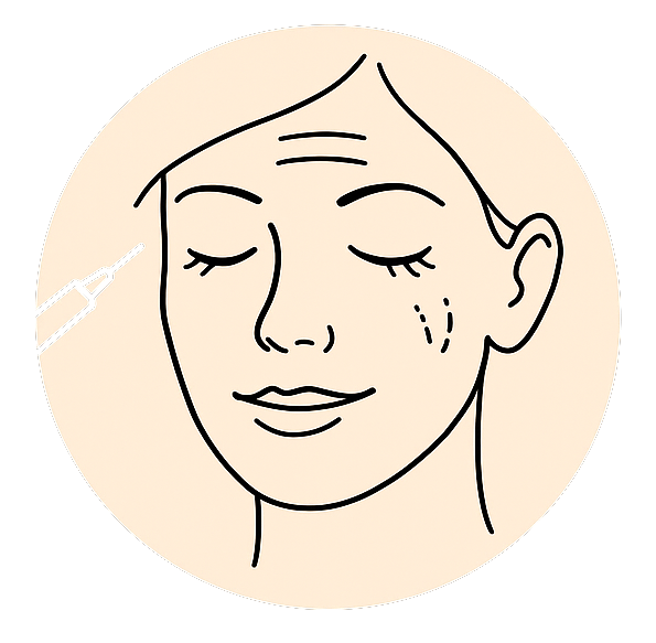 Frau mit geschlossenen Augen erhält eine Gesichtsinjektion; Linien zeigen mögliche Injektionsstellen an.